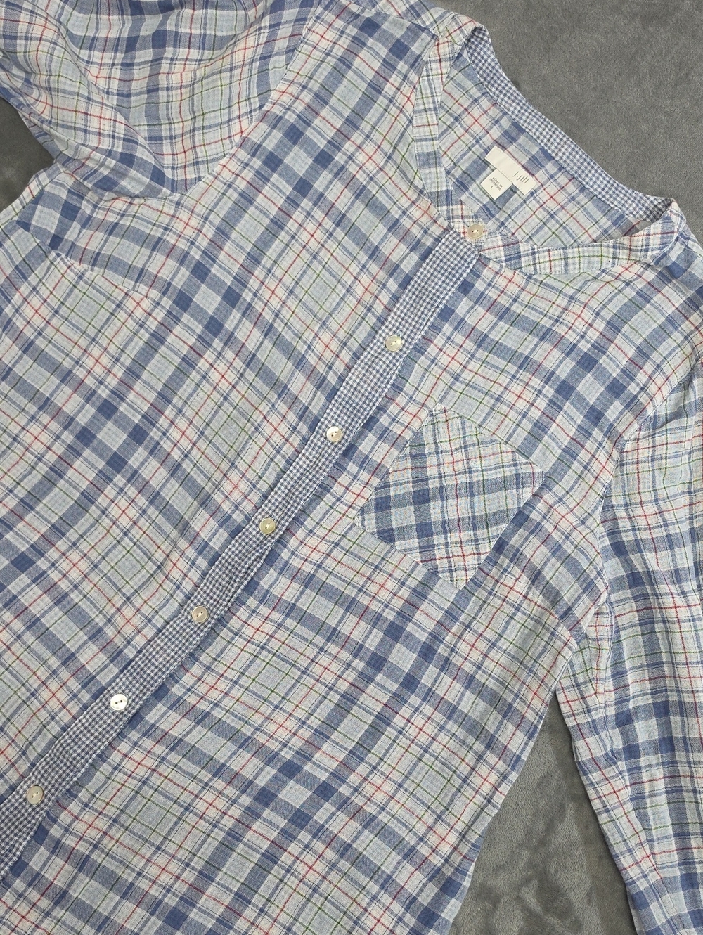 J. Jill Blue and White Plaid Button-Front Blouse with Red & Green Stripes L